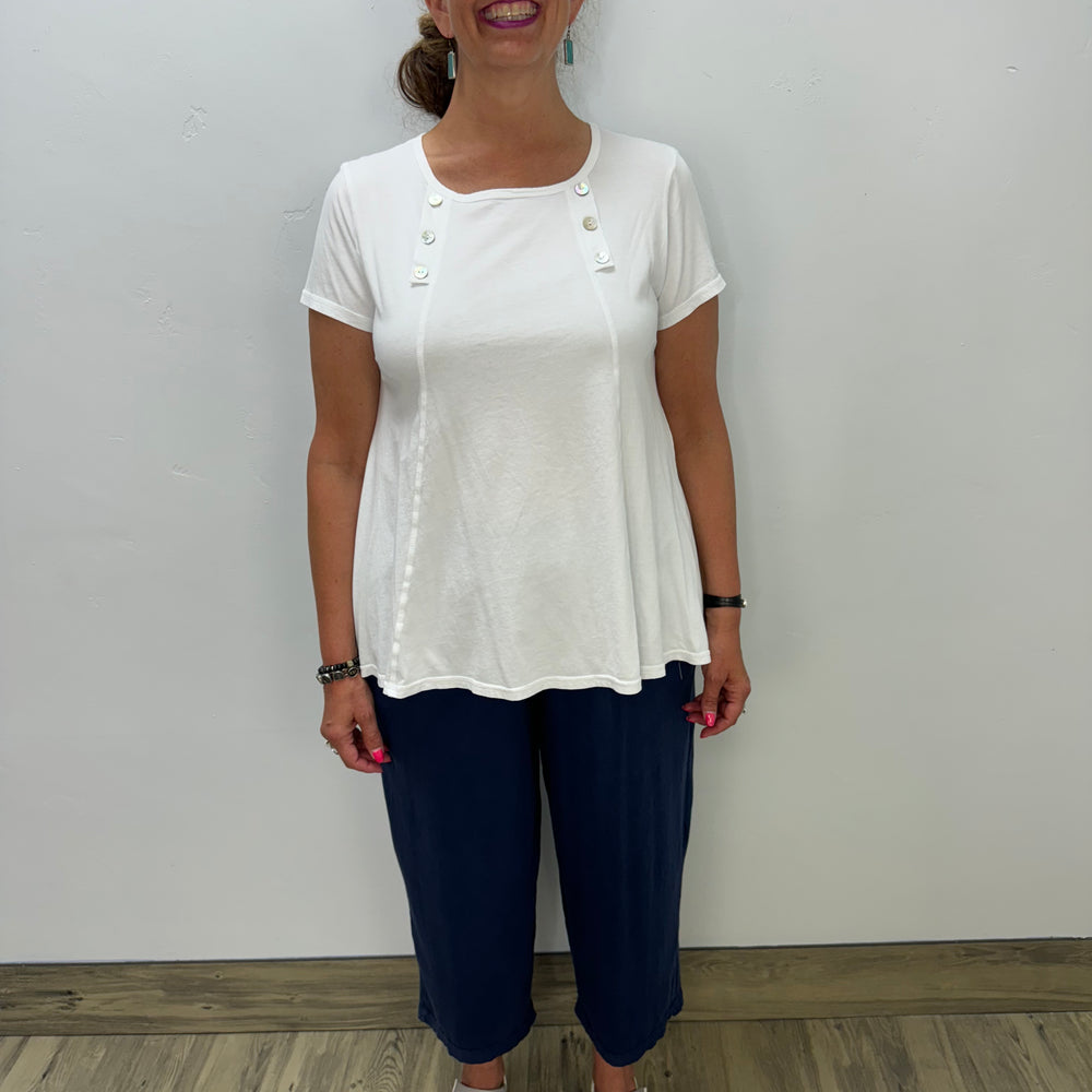 White Short Sleeve Top with Shell Buttons