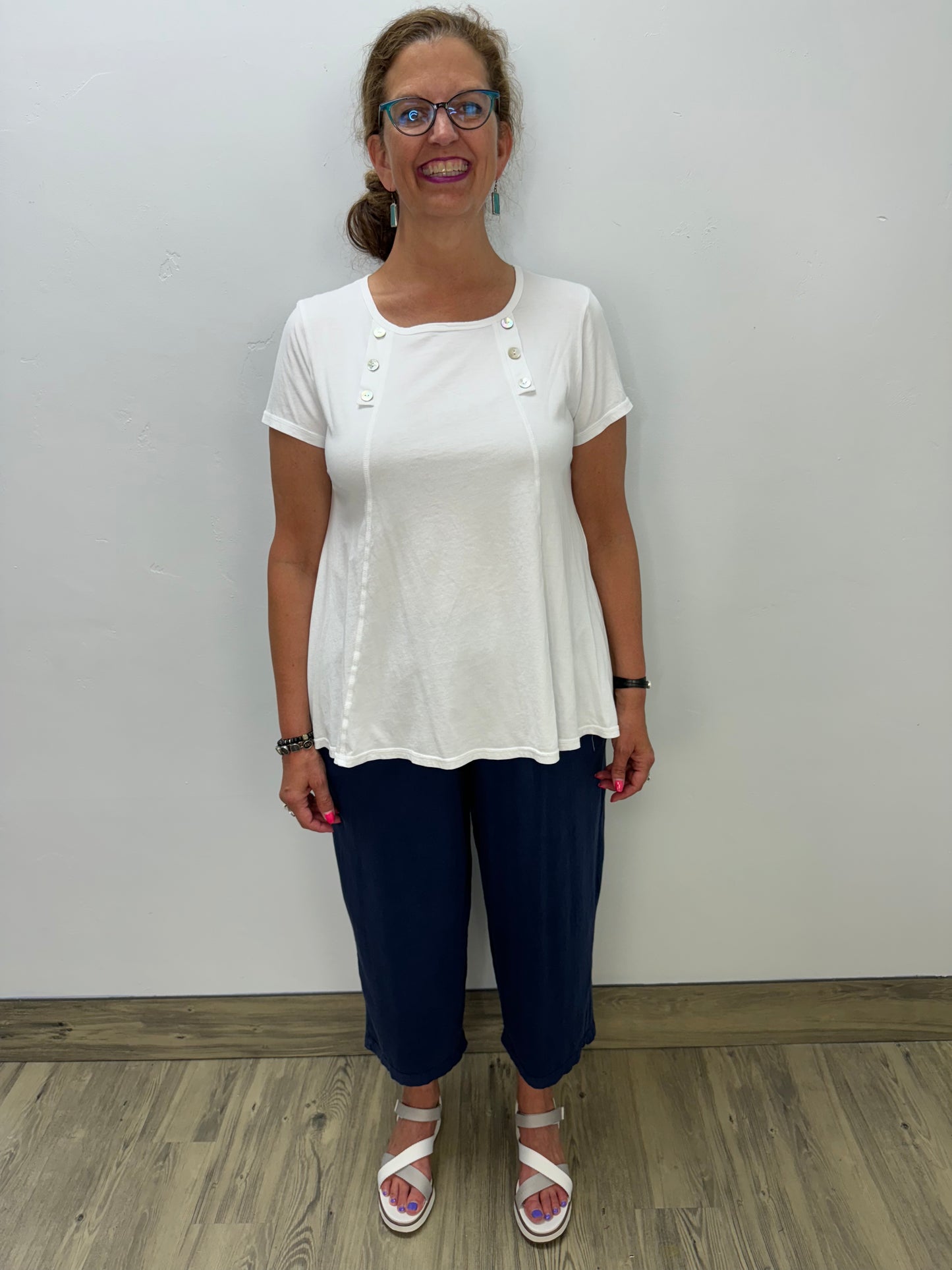 White Short Sleeve Top with Shell Buttons