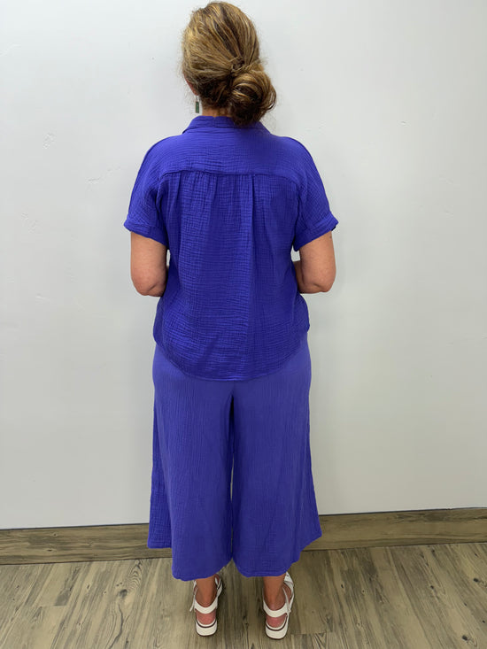 Iris Purple Cotton Gauze Flowy Pant with Pockets