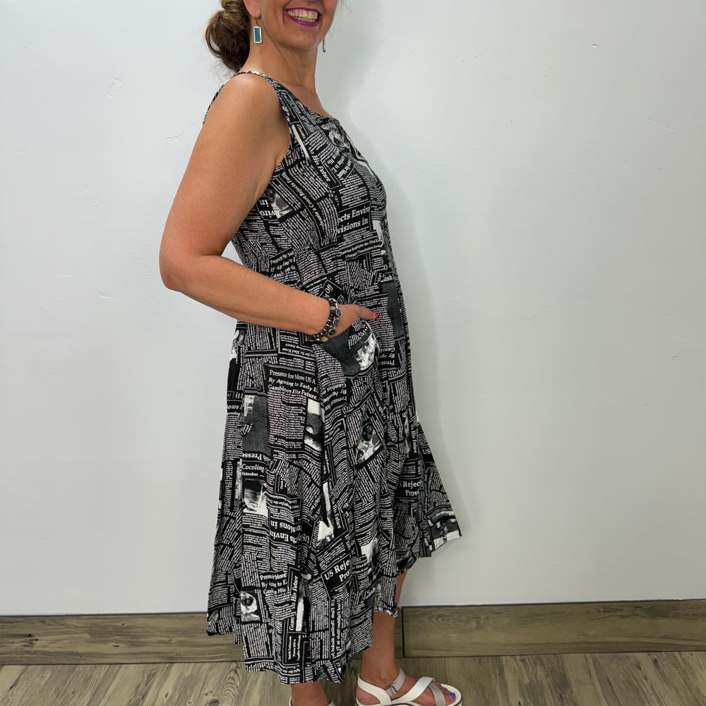 Black and White Newspaper Sleeveless Dress