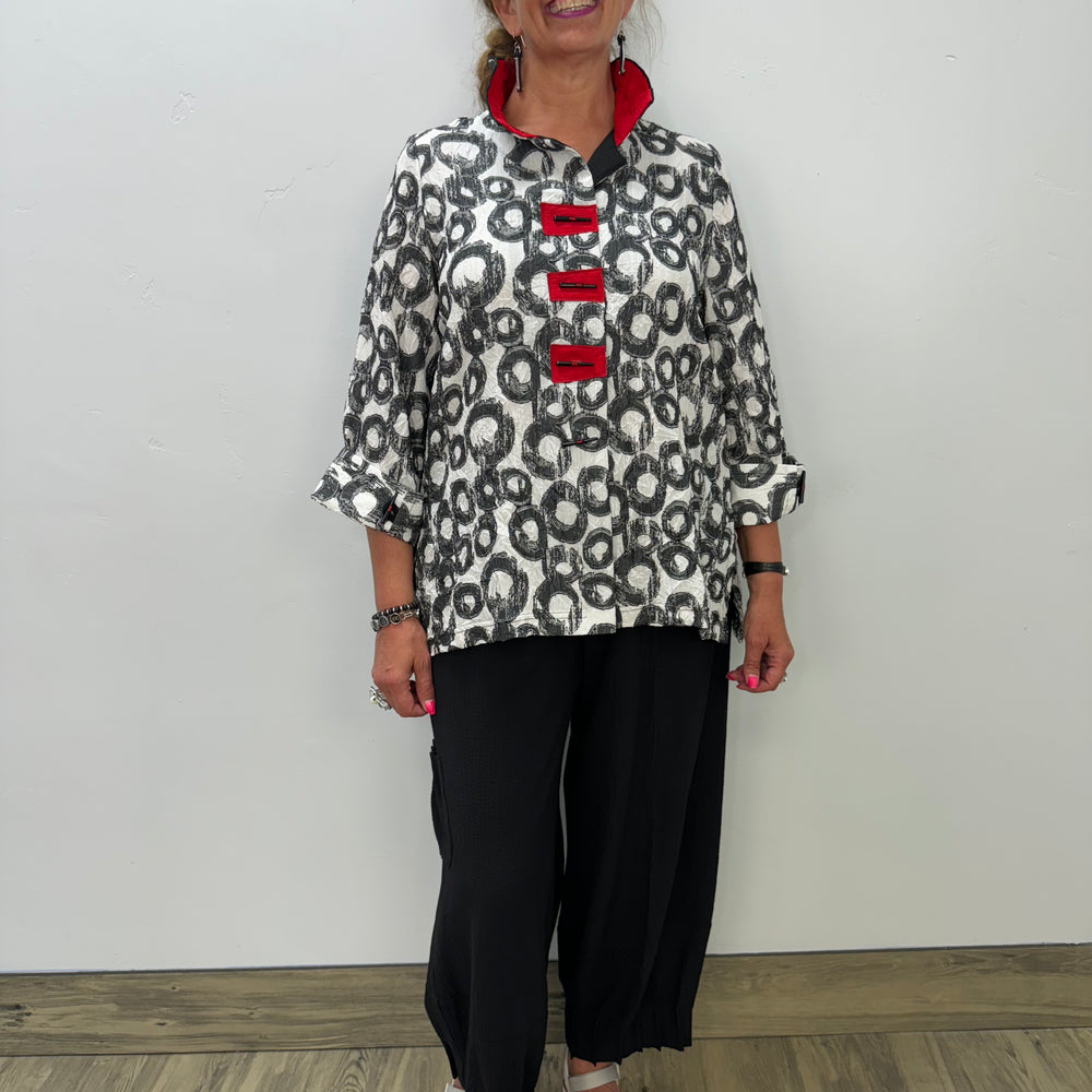 Black and White Pattern Jacket with Red Accent