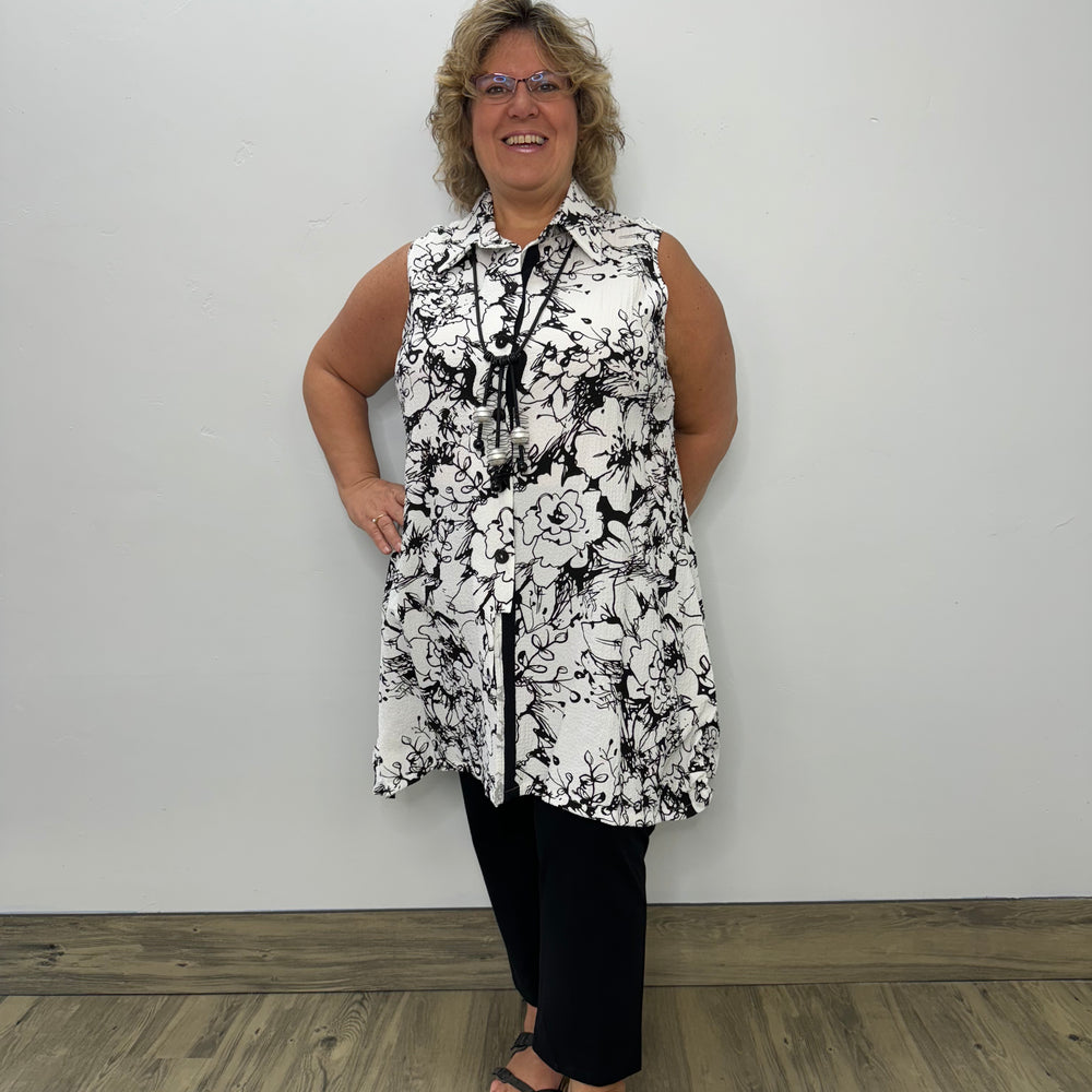 Black and White Pattern Button Down Tunic Dress