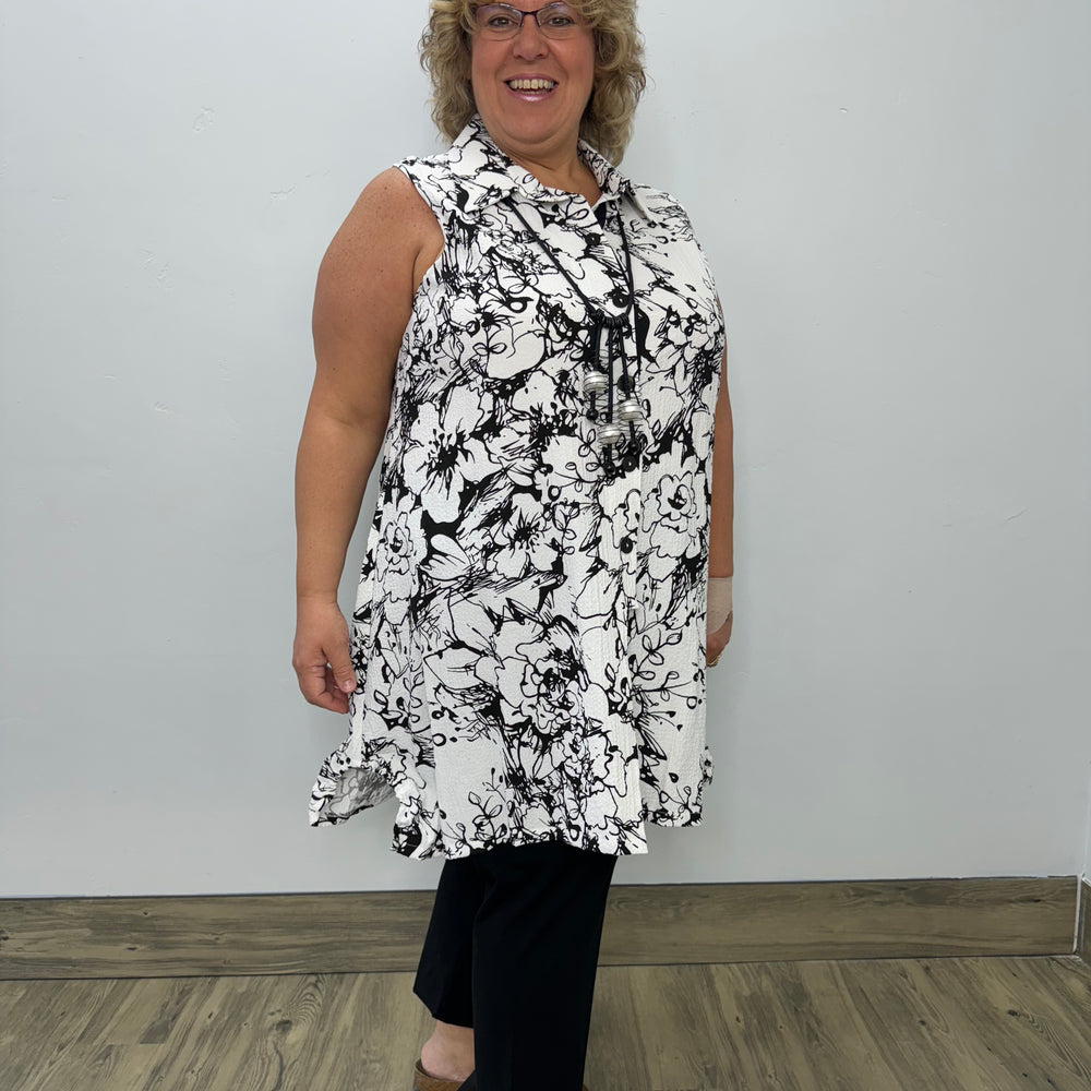 
                  
                    Black and White Pattern Button Down Tunic Dress
                  
                