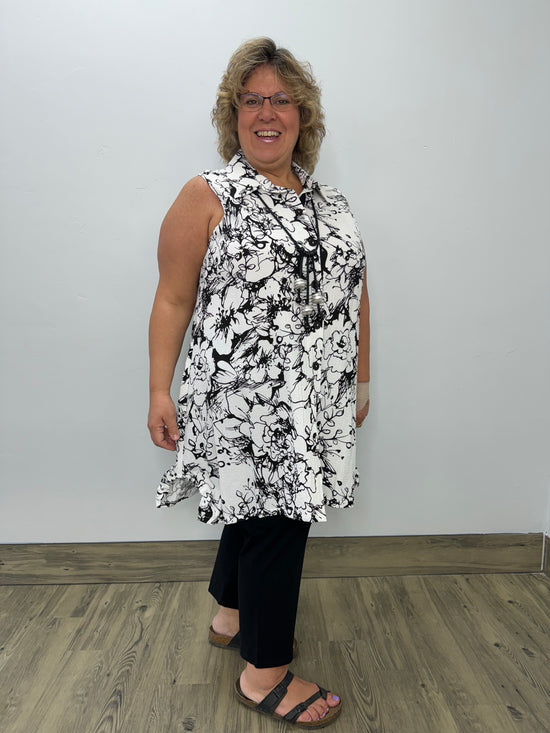 Black and White Pattern Button Down Tunic Dress