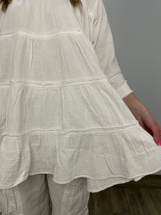 White Flare/Tiered Tunic with Lace Accents