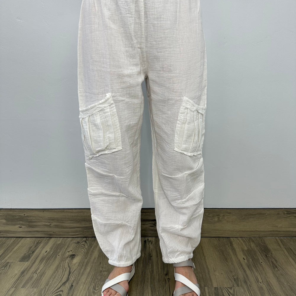 White Stone Wash Gauze Pants with Pockets