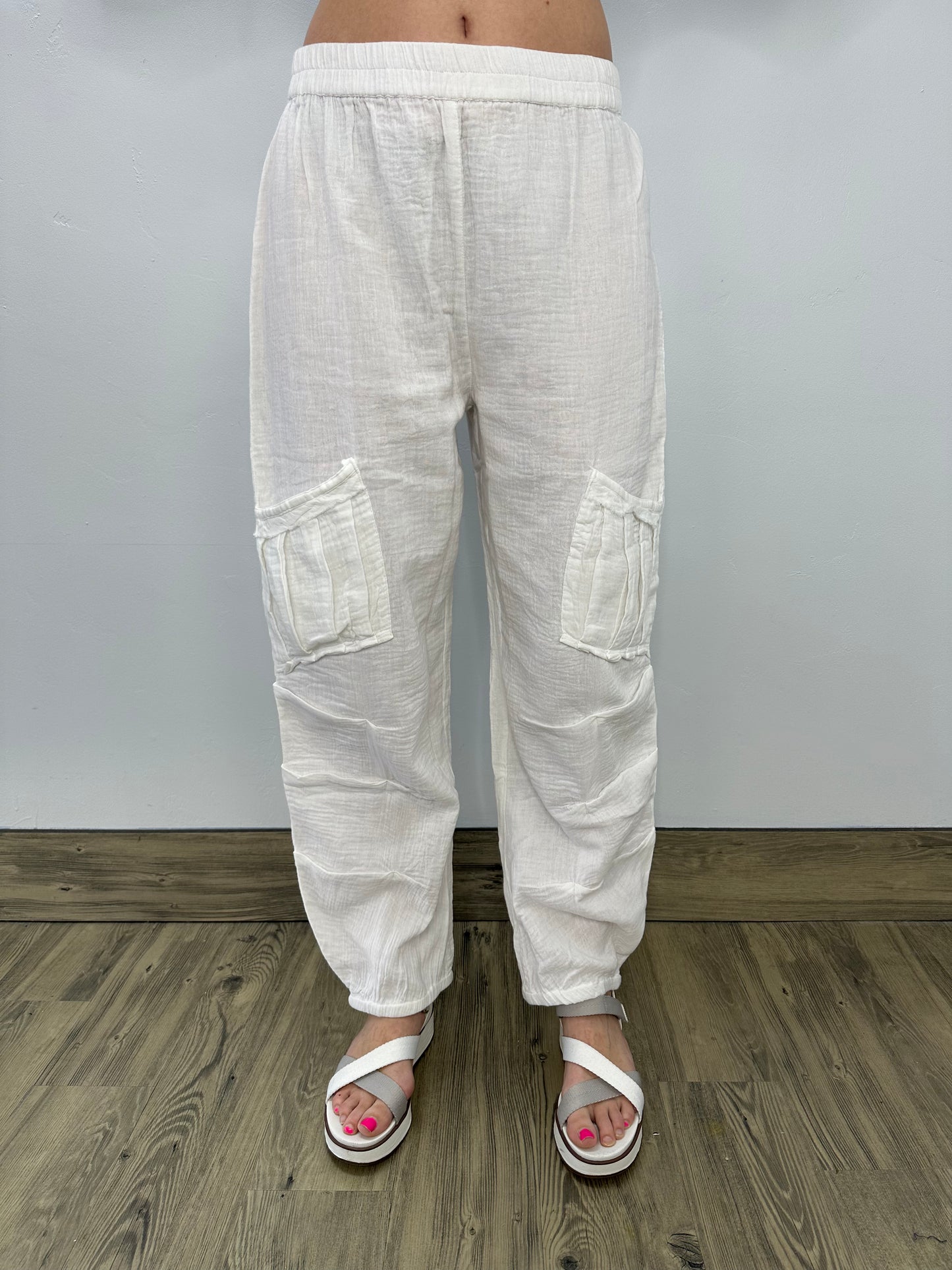 White Stone Wash Gauze Pants with Pockets