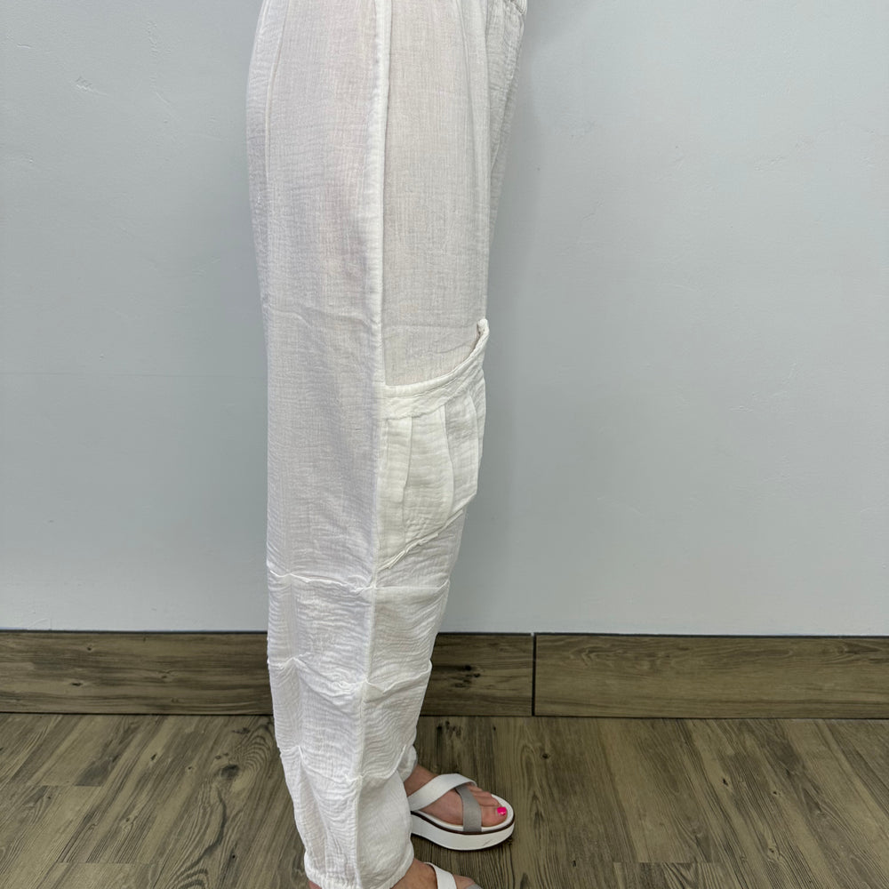 White Stone Wash Gauze Pants with Pockets