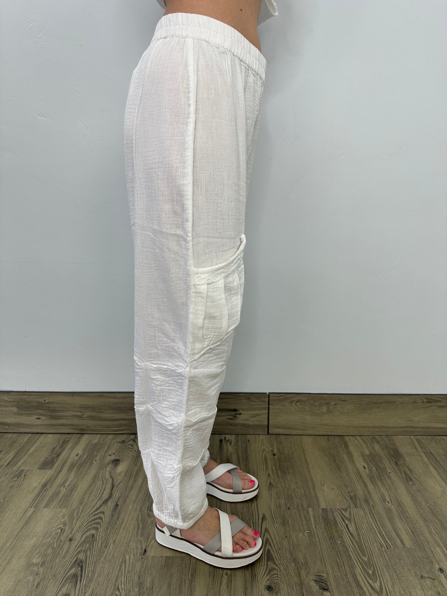 White Stone Wash Gauze Pants with Pockets