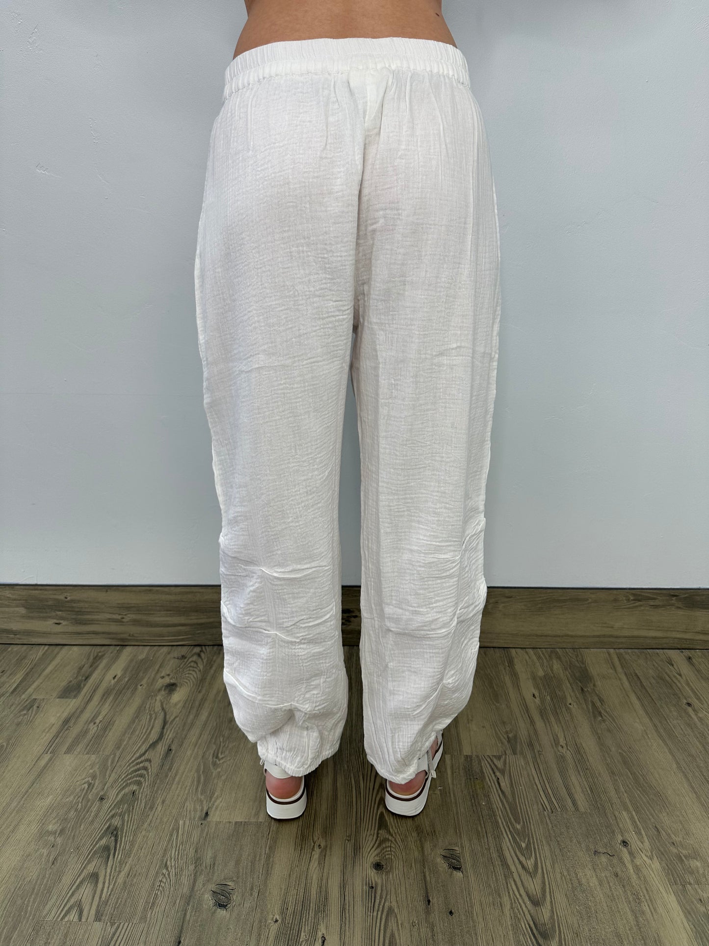 White Stone Wash Gauze Pants with Pockets