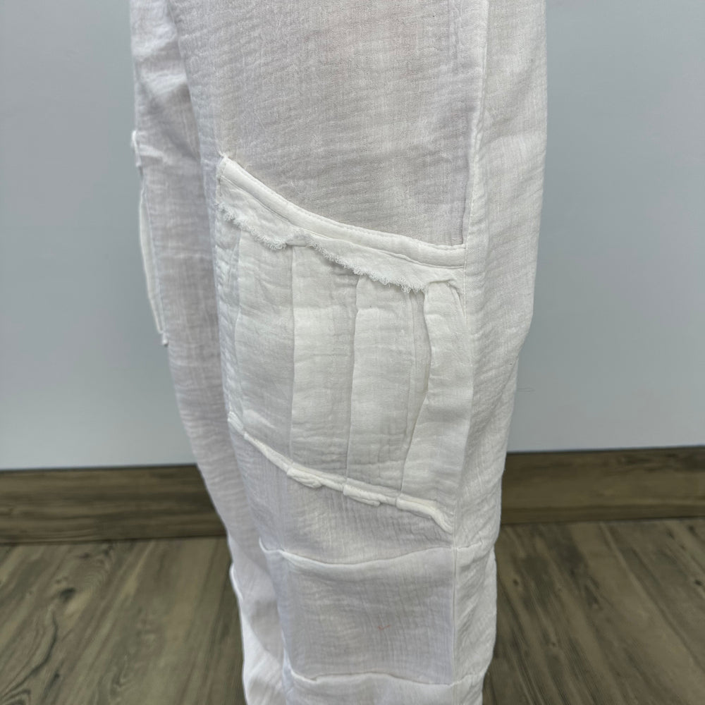 
                  
                    White Stone Wash Gauze Pants with Pockets
                  
                