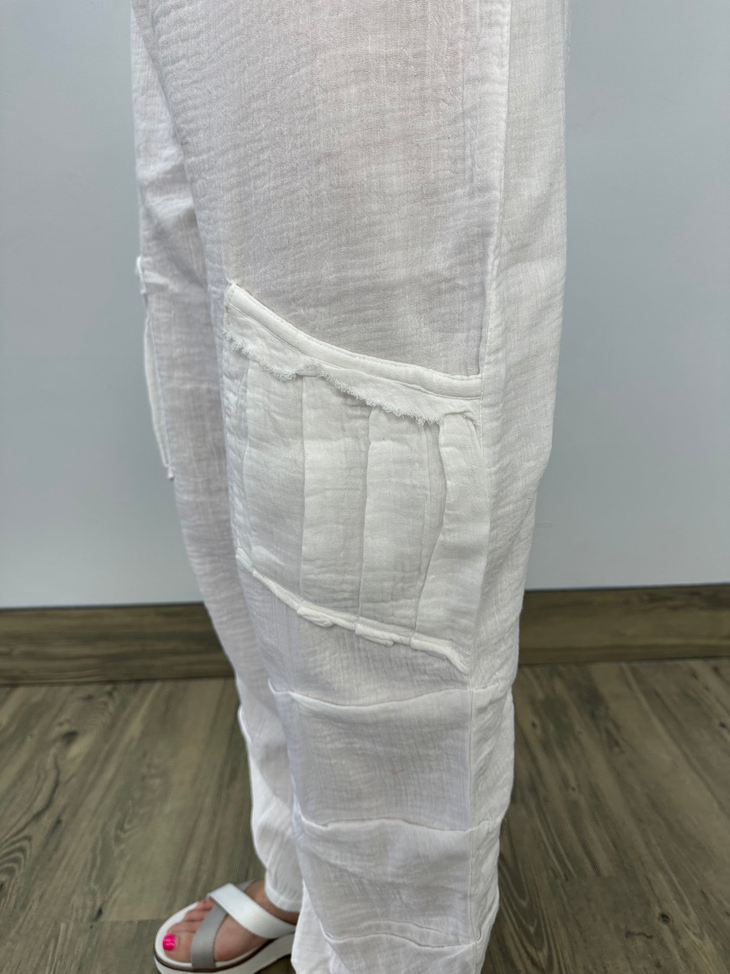 White Stone Wash Gauze Pants with Pockets