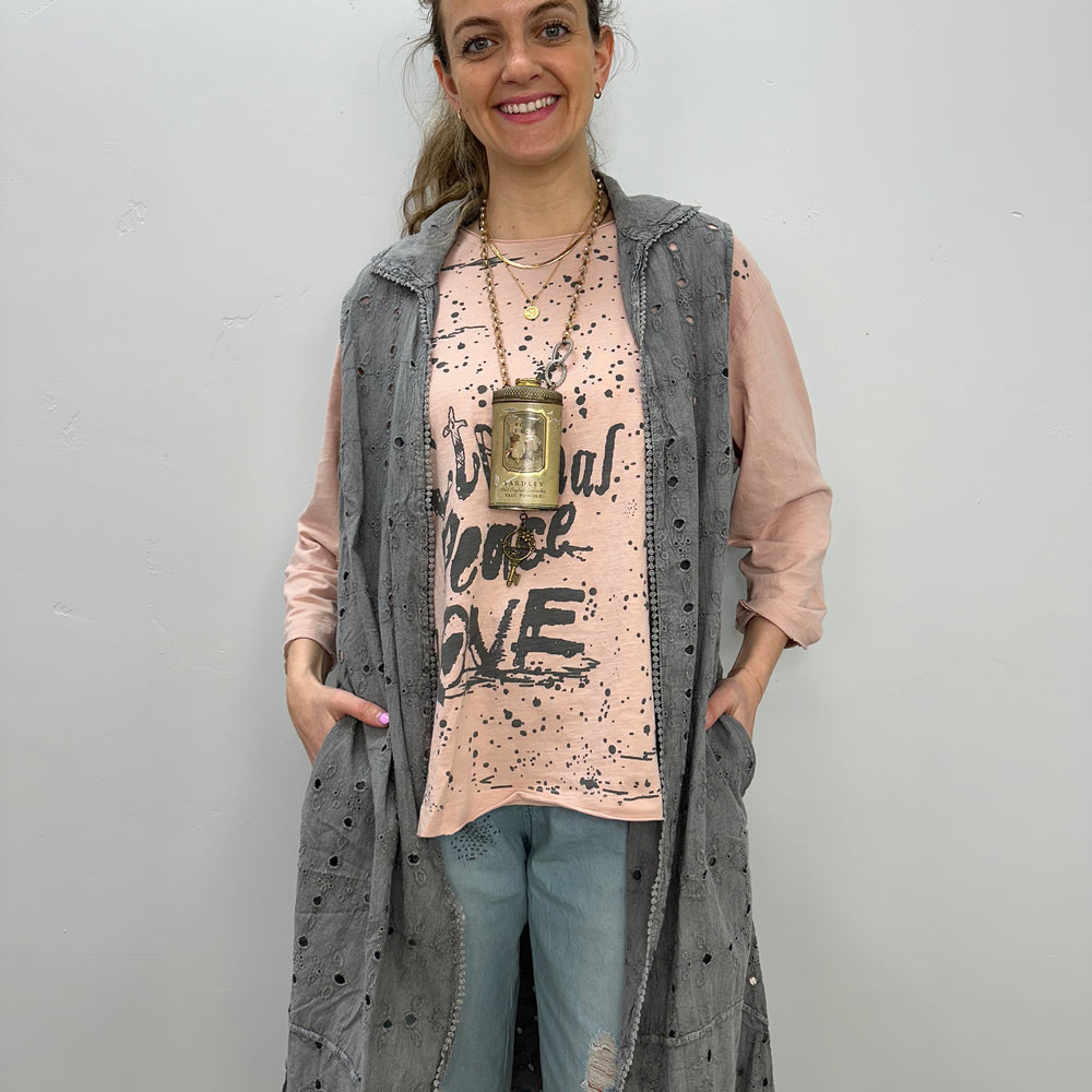 Gray Sleeveless Embroidered Vest with Pockets