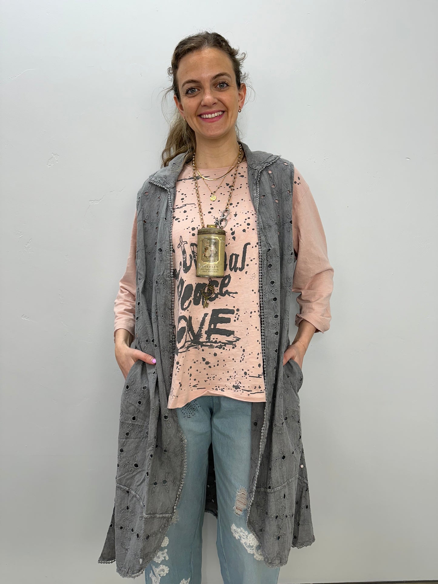 Gray Sleeveless Embroidered Vest with Pockets