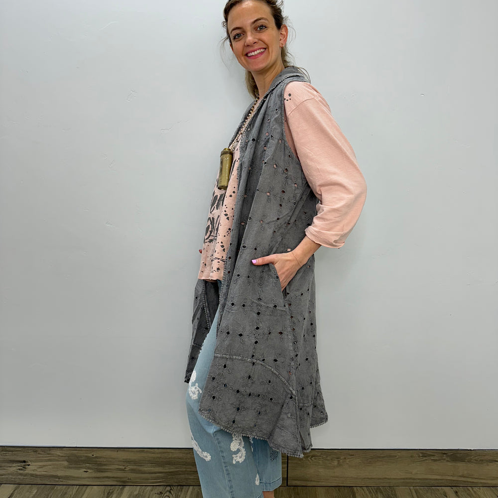 
                  
                    Gray Sleeveless Embroidered Vest with Pockets
                  
                