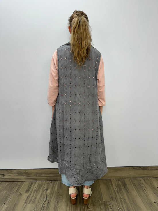 Gray Sleeveless Embroidered Vest with Pockets