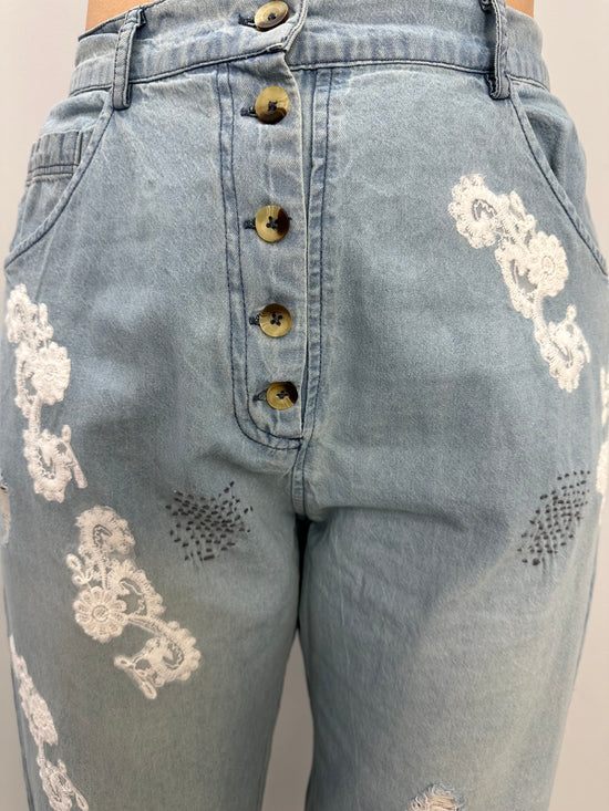 Lace Button Up Denim Jean