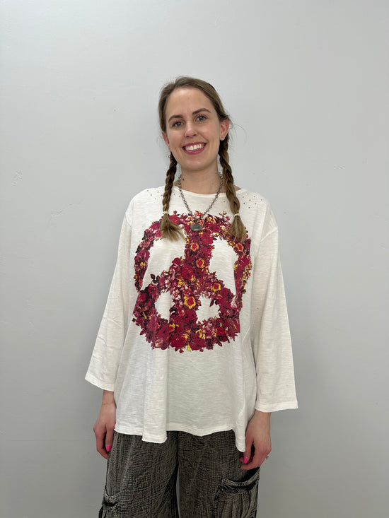 Cream/White Double Sided Peace Sign Flower Tee - One Size
