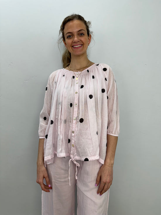Pink Polka Dot Top with Gathers on Neckline and 3/4 Sleeves - One Size