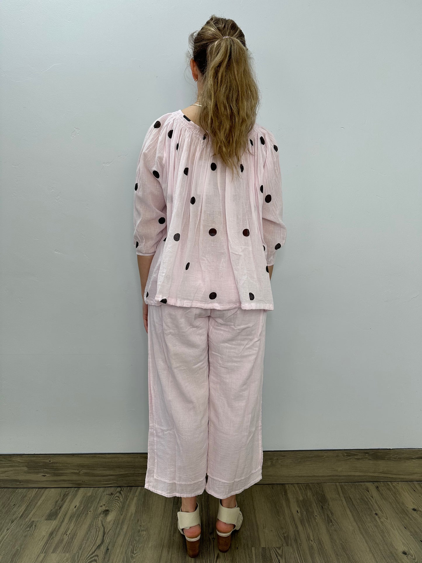 Pink Polka Dot Top with Gathers on Neckline and 3/4 Sleeves - One Size