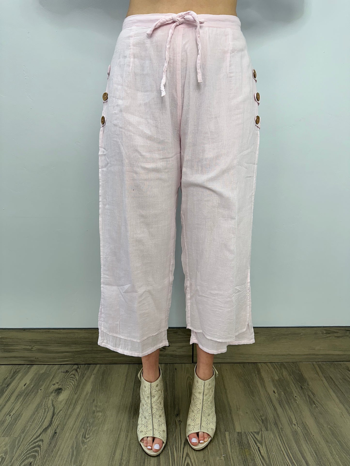 Pink Straight Leg Pants with Loops and Button Accents