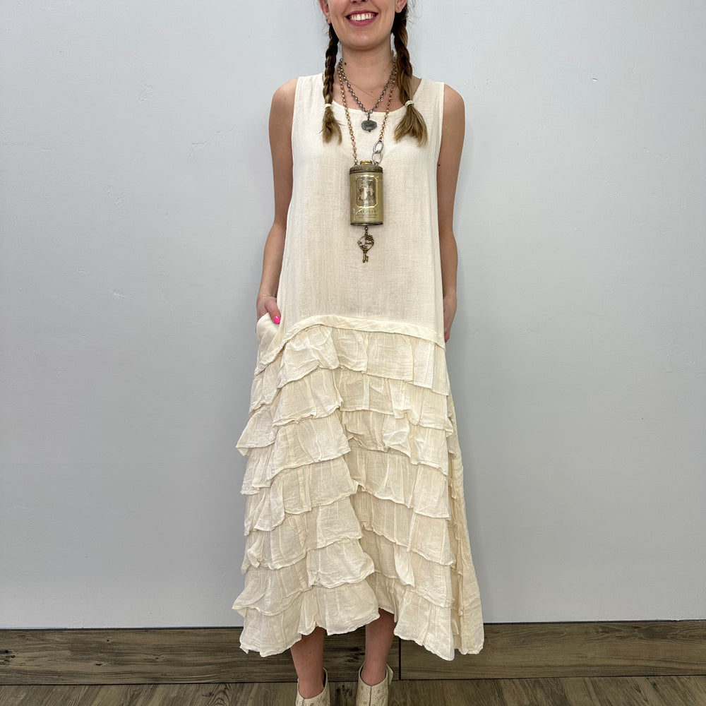 Cream Sleeveless Long Dress with Ruffle Accent and Pockets