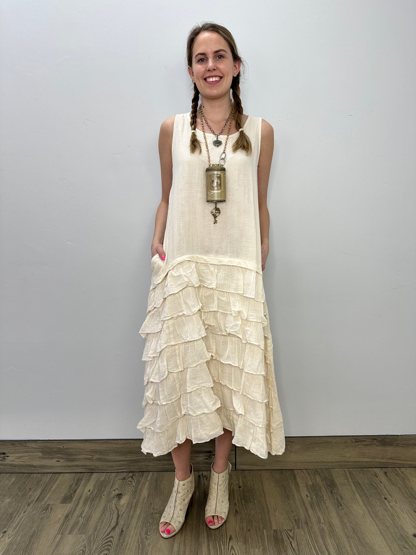 Cream Sleeveless Long Dress with Ruffle Accent and Pockets