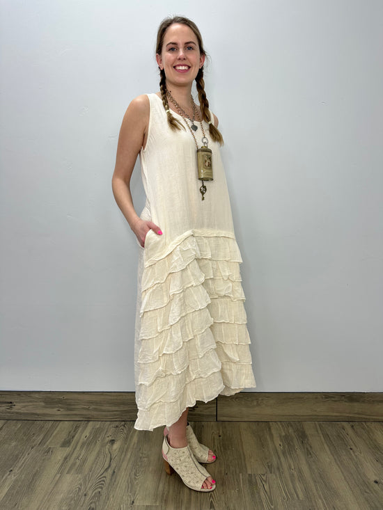 Cream Sleeveless Long Dress with Ruffle Accent and Pockets