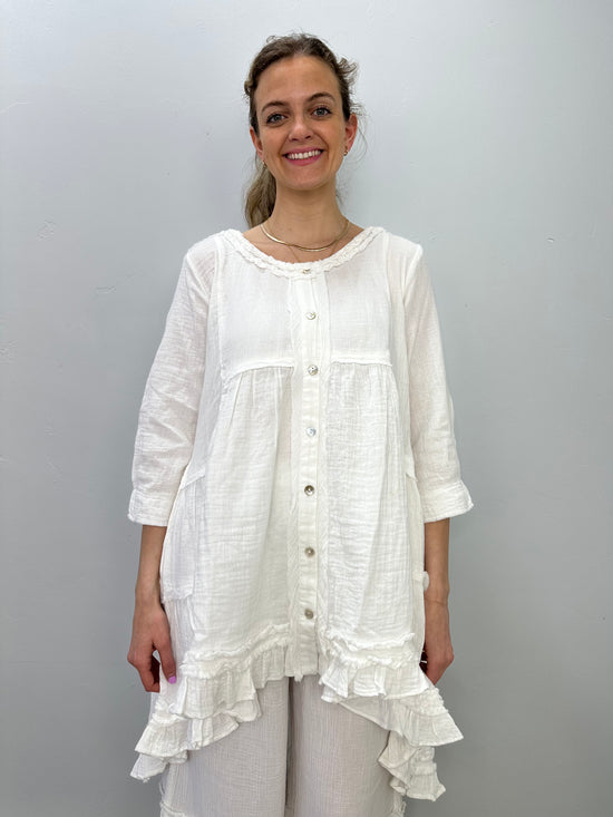 White Vintage Wash Button Down Tunic with Ruffles