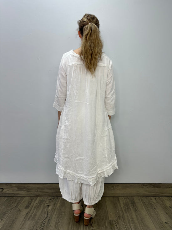 White Vintage Wash Button Down Tunic with Ruffles