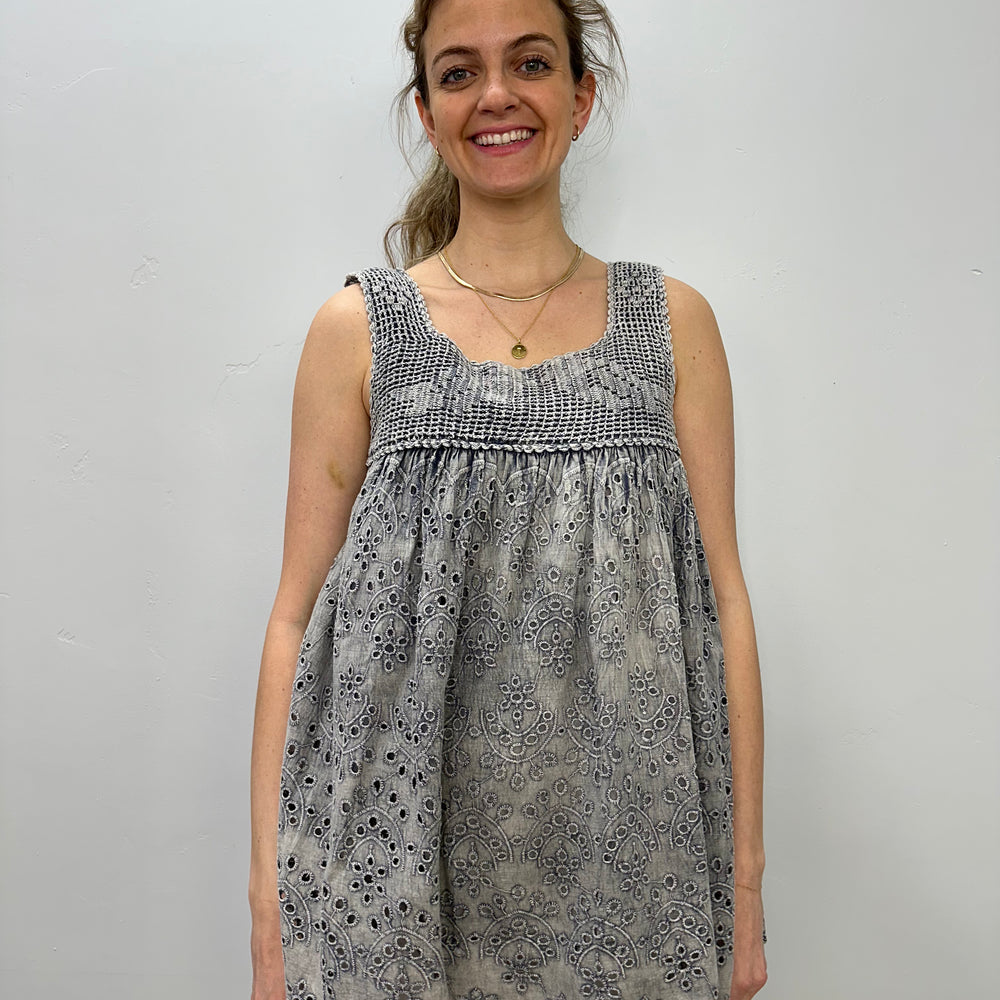 Grey Sleeveless Tank with Embroidered Design