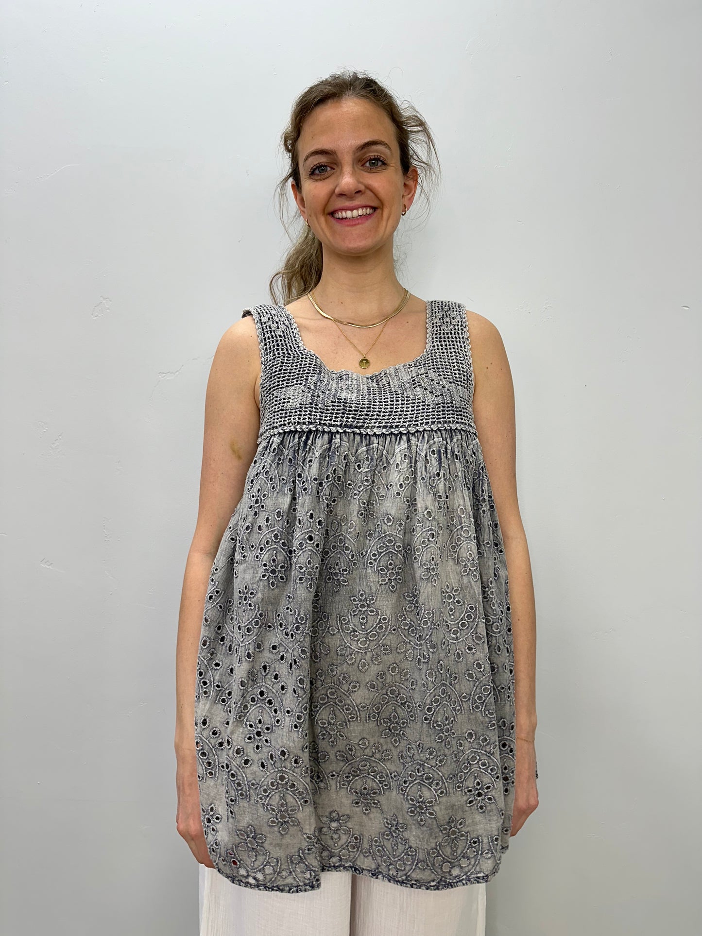 Grey Sleeveless Tank with Embroidered Design