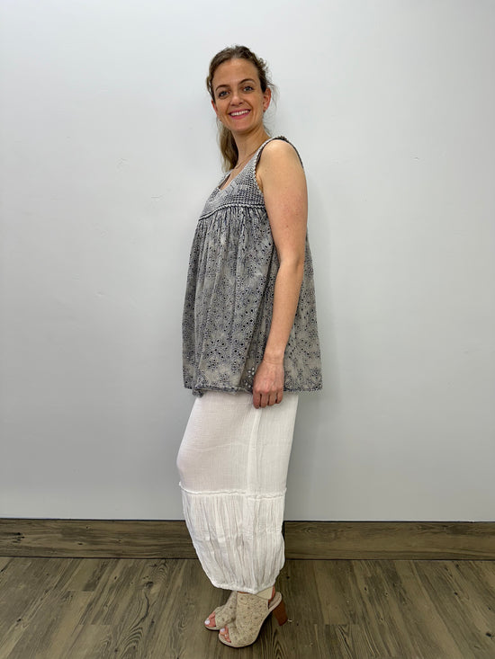 Grey Sleeveless Top with Embroidered Design
