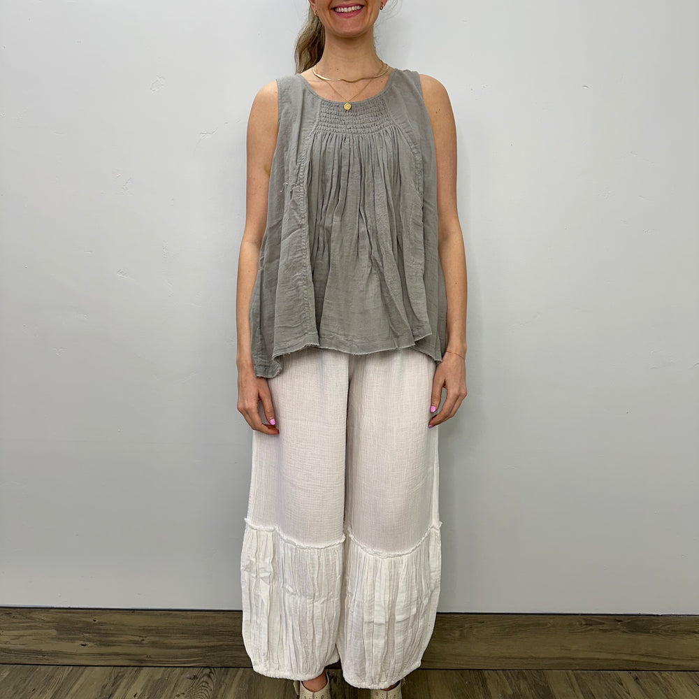 Grey Pleated Smock Sleeveless Flare Top