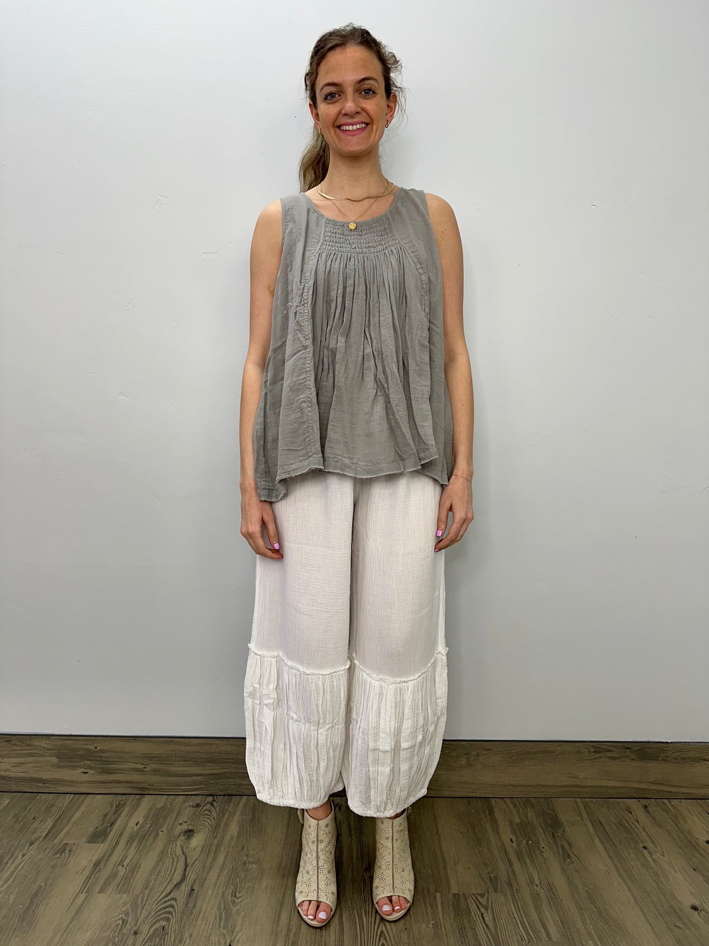 Grey Pleated Smock Sleeveless Flare Top