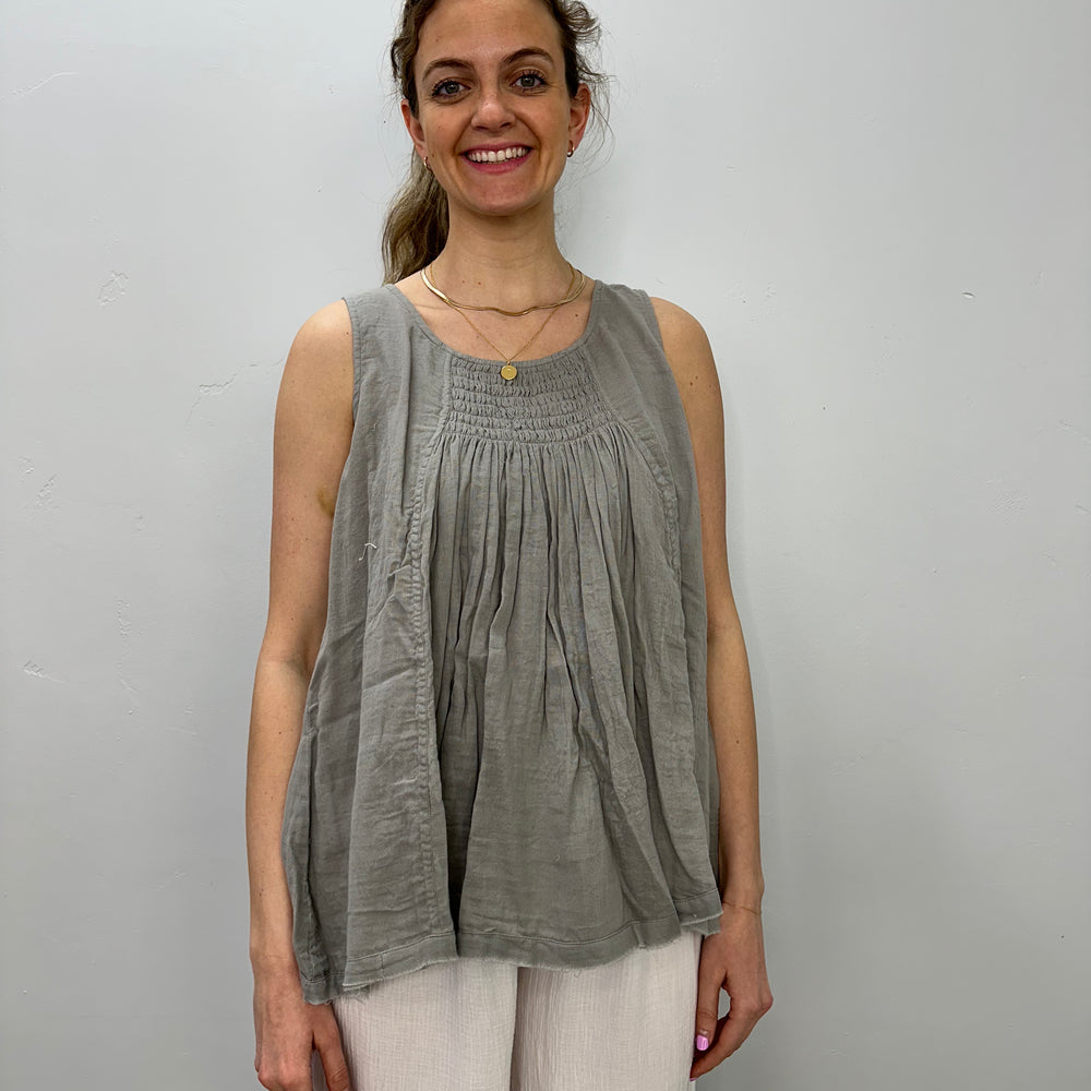 Grey Pleated Smock Sleeveless Flare Top