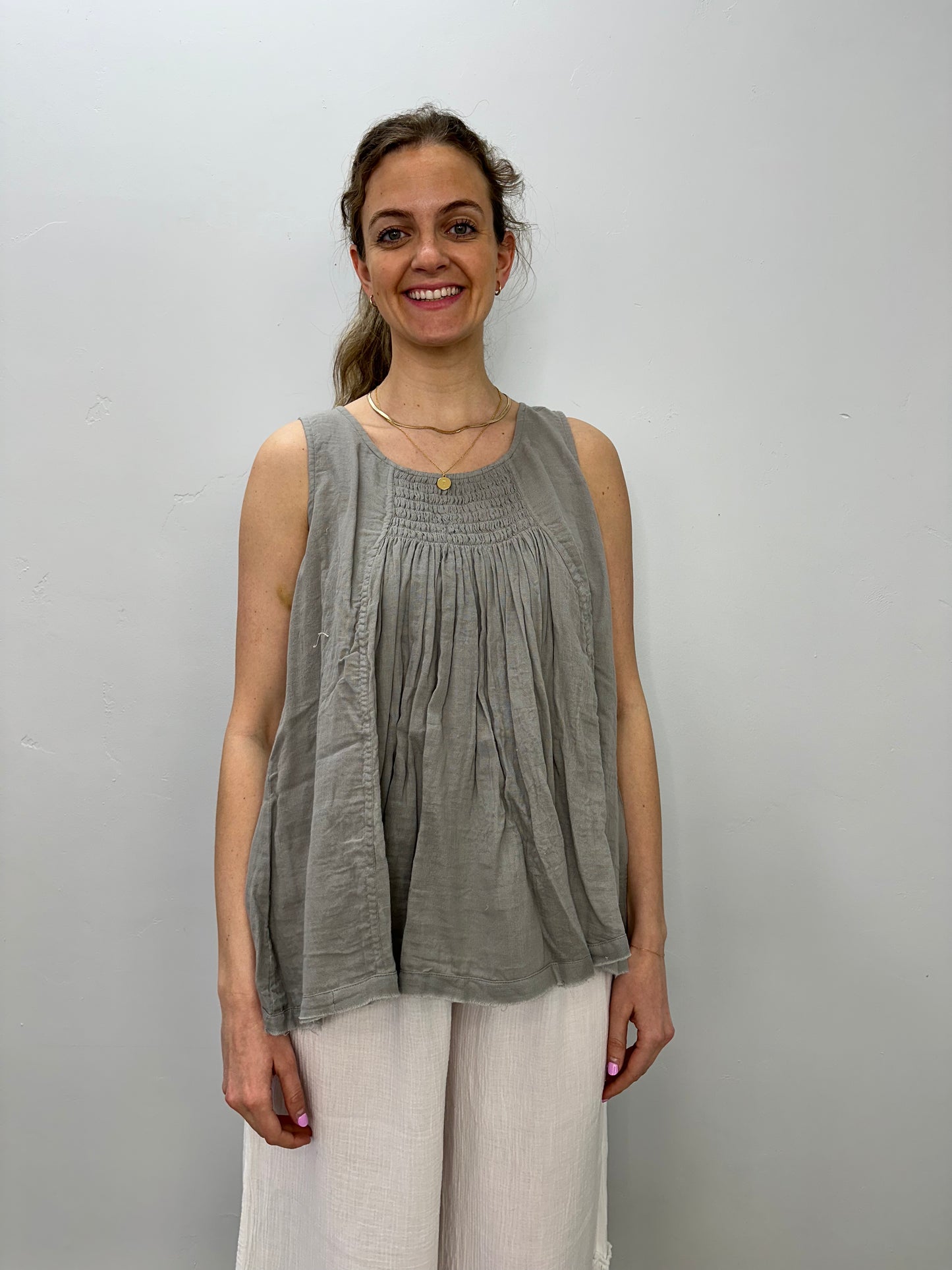 Grey Pleated Smock Sleeveless Flare Top