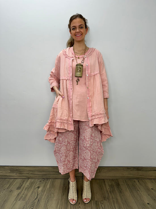 Pink Vintage Wash Button Down Tunic with Ruffles