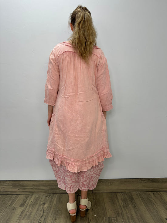 Pink Vintage Wash Button Down Tunic with Ruffles