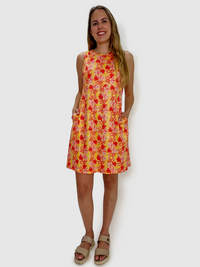 Yellow and Red Flowers Sleeveless Empire Waist Dress