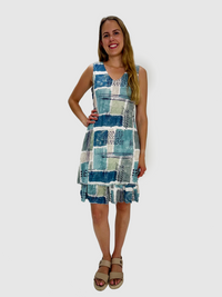 Blue Gray Blocks Sleeveless Tiered Dress