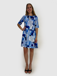 Blue and White Pattern Shift Dress