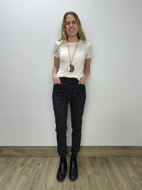 Black and White Dots Flat Front Full Length Pants