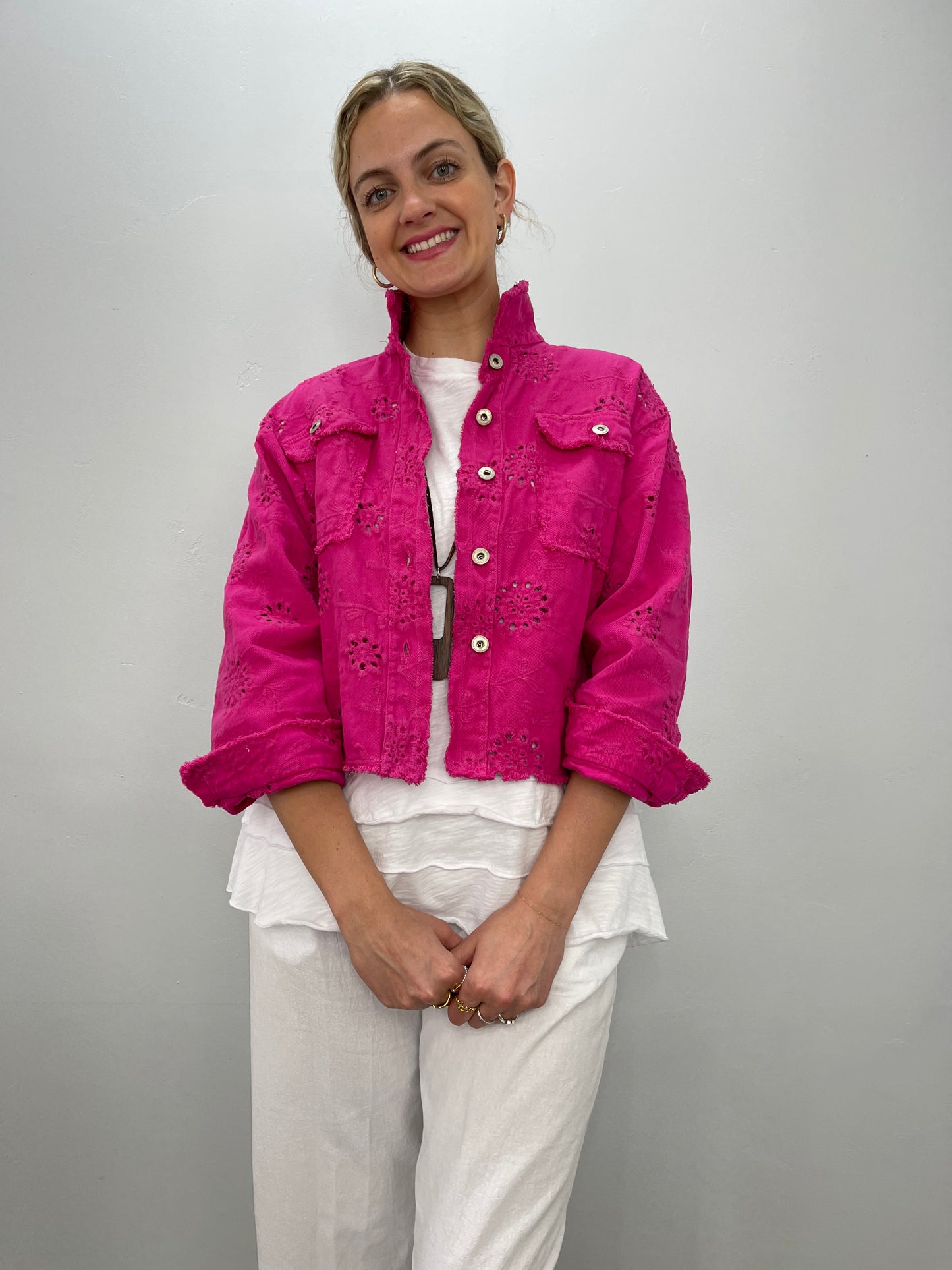 Pink Eyelet Embroidered Cotton Jacket