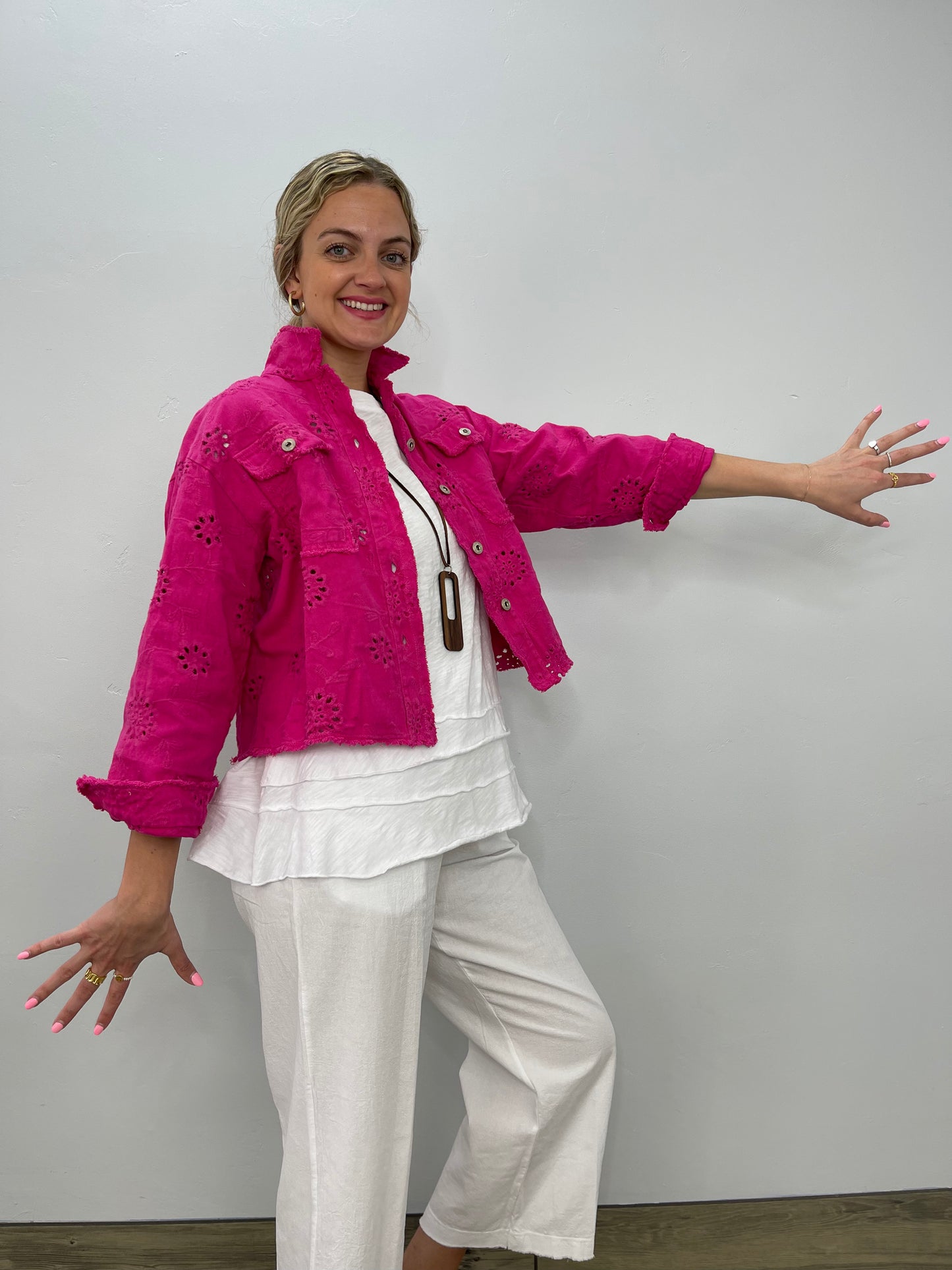 Pink Eyelet Embroidered Cotton Jacket