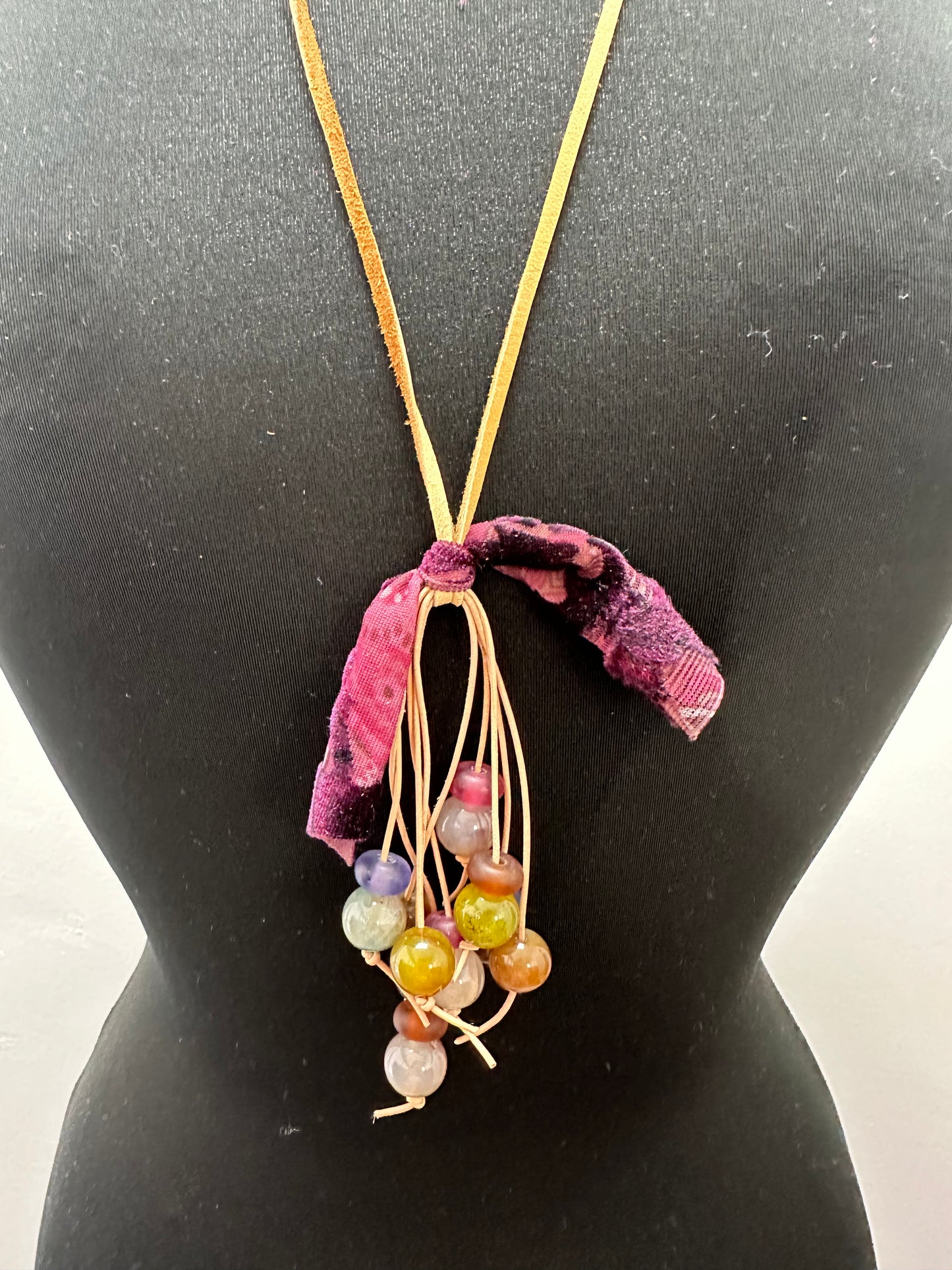 Magenta Velvet Bow Glass Beads Necklace