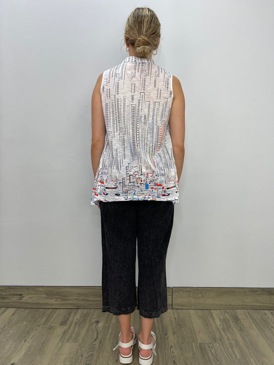 Sleeveless City Scape Tank with 1/4 Buttons