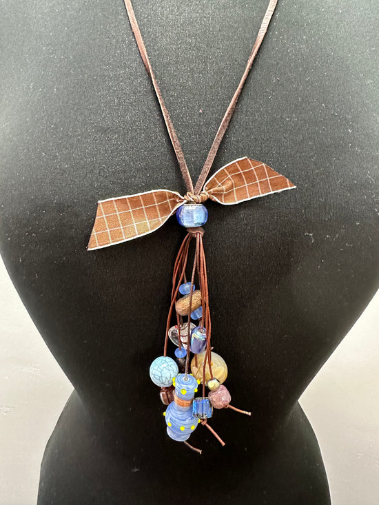 Shades of Blue and Brown Bow Glass Beads Necklace