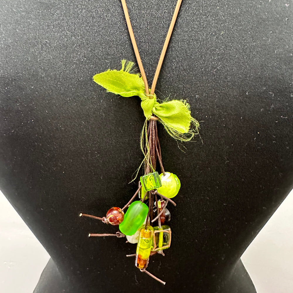 Vegan Leather Lime Green Bow Glass Beads Necklace