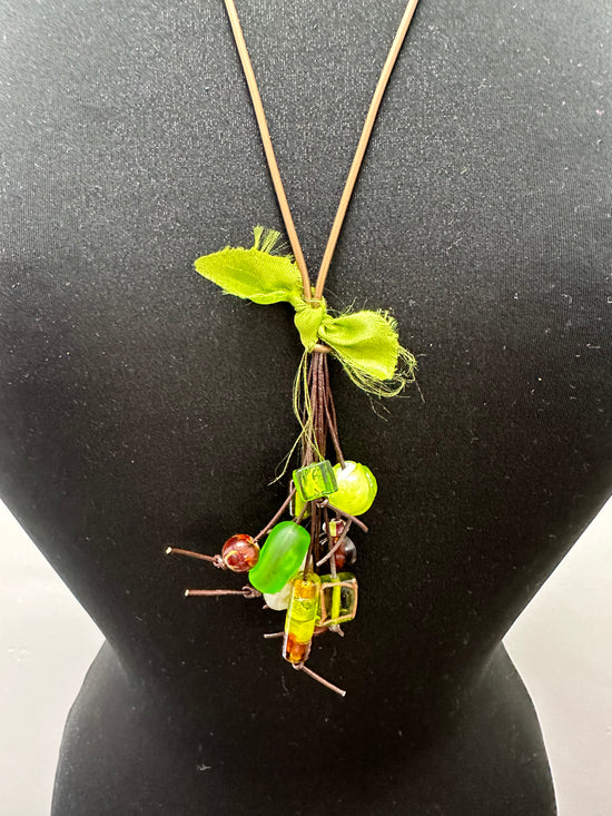 Vegan Leather Lime Green Bow Glass Beads Necklace